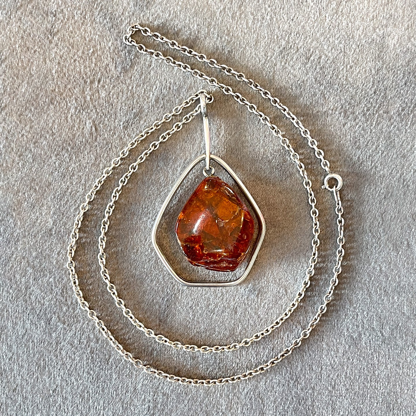 Vintage Sterling Silver Amber Drop Pendant Necklace