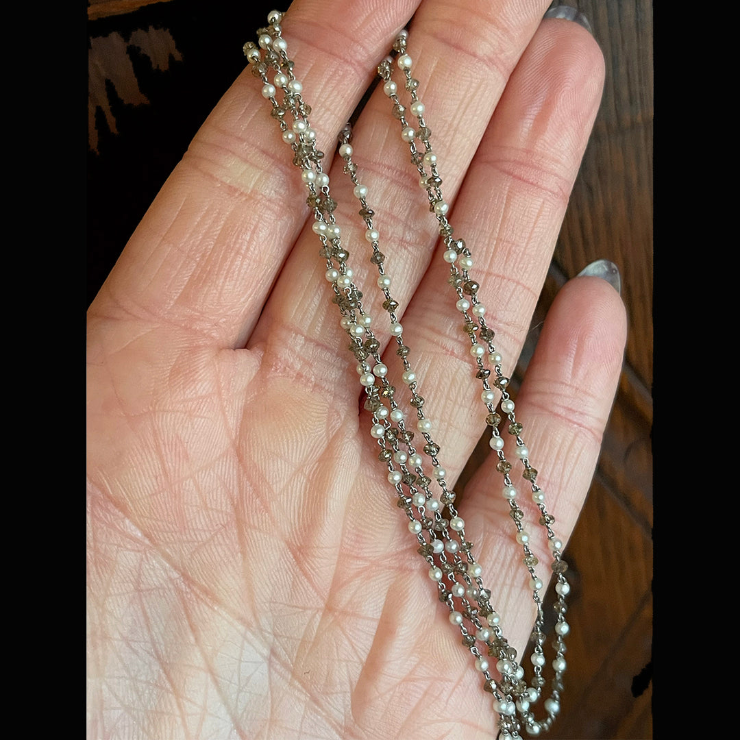 Art Deco Platinum, Pearl, and Champagne Diamond Chain Necklace, c. 1920s
