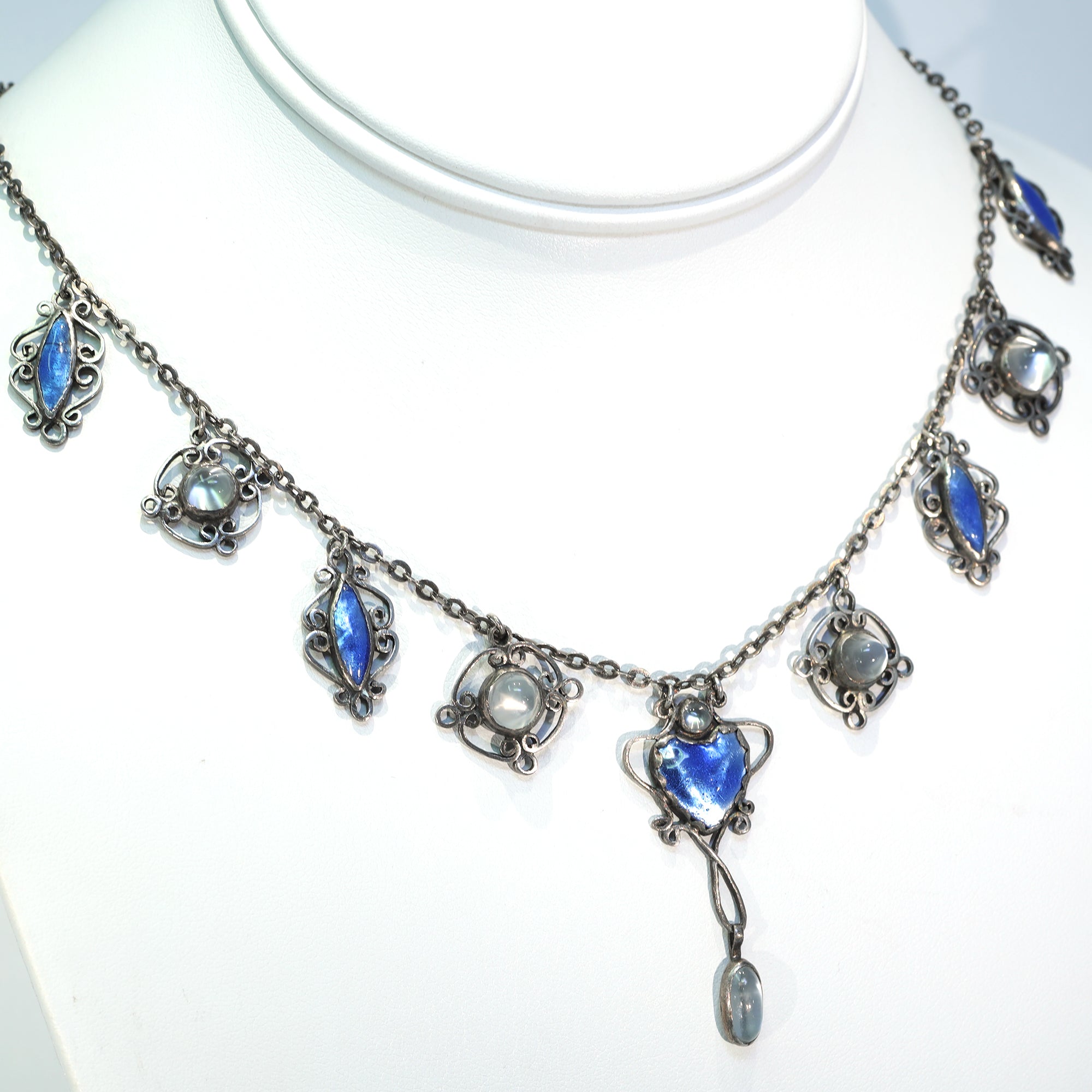 Antique Arts and Crafts Era Necklace Blue Enamel Silver Moonstone
