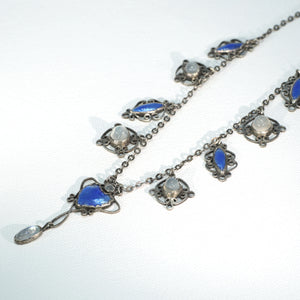 Antique Arts and Crafts Era Necklace Blue Enamel Silver Moonstone