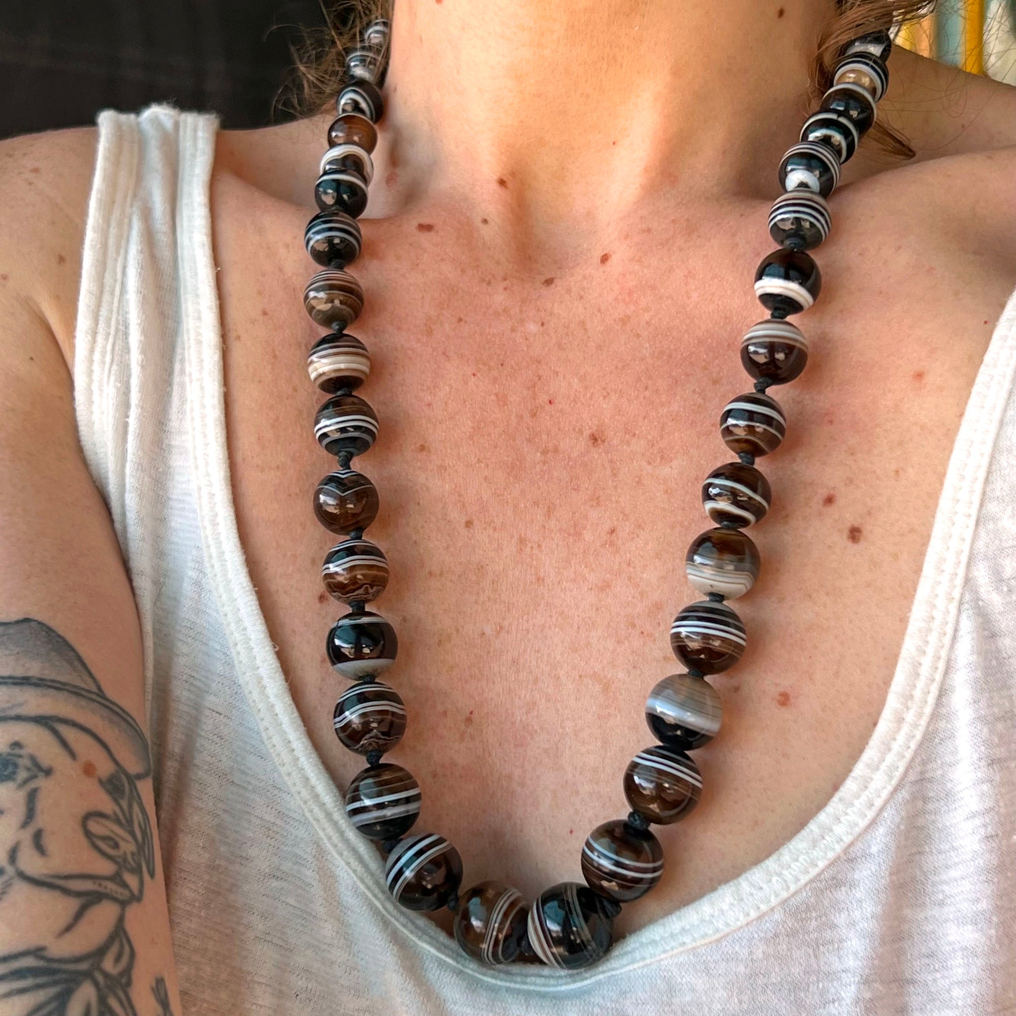 Antique Banded Agate Bead Necklace Silver Clasp