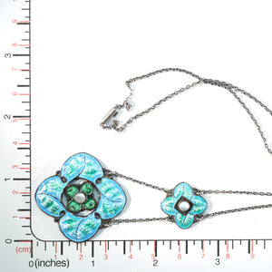 Antique Arts and Crafts Enamel MOP Floral Motif Necklace Silver