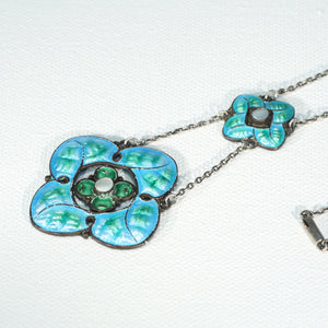 Antique Arts and Crafts Enamel MOP Floral Motif Necklace Silver