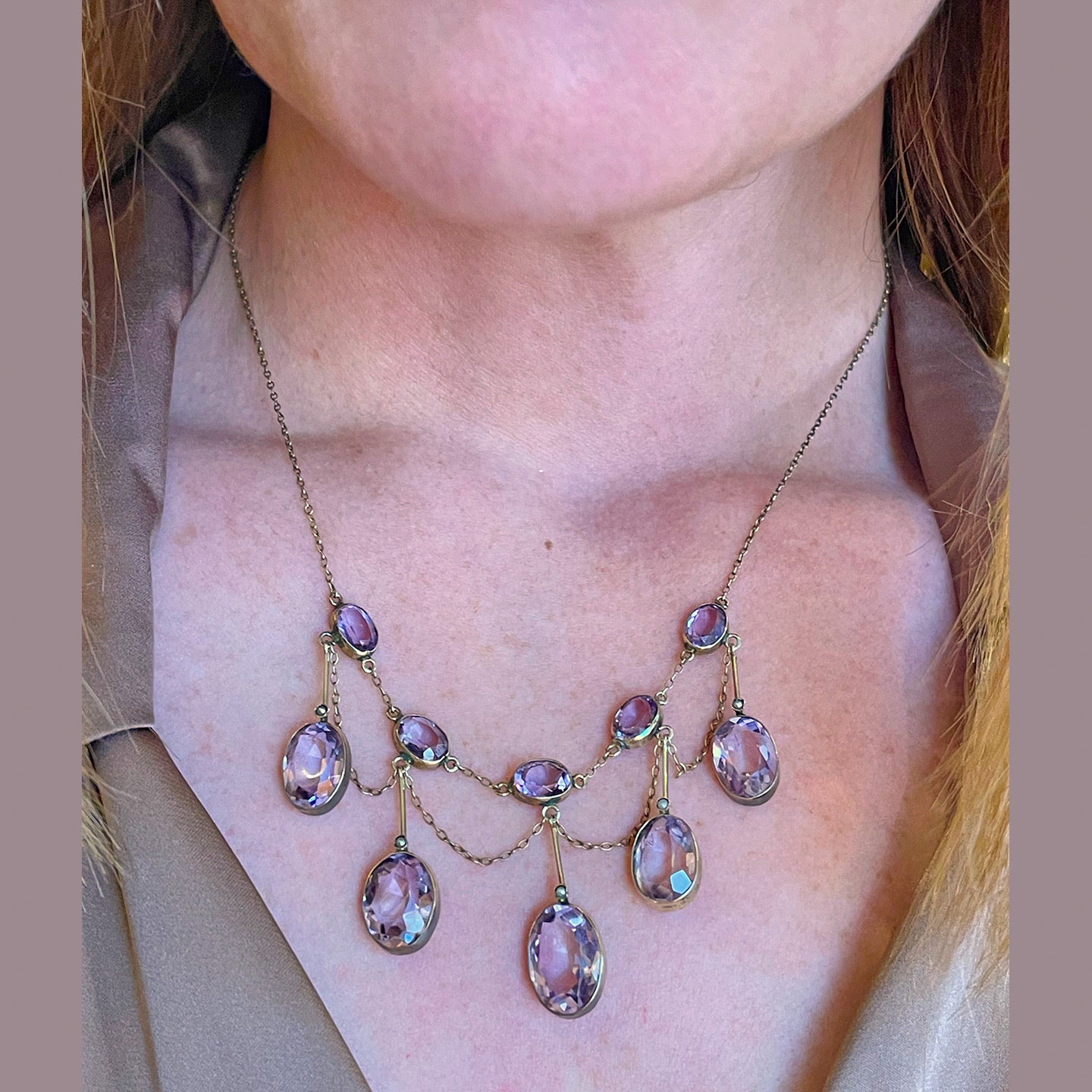 Antique Edwardian Amethyst Drop Necklace in Silver Gilt