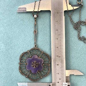 Antique Meyle & Mayer Purple Gullioche Enamel Necklace Marcasite c. 1915