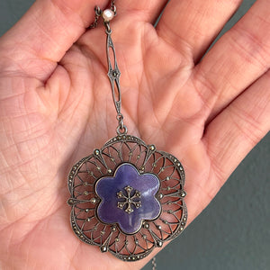 Antique Meyle & Mayer Purple Gullioche Enamel Necklace Marcasite c. 1915