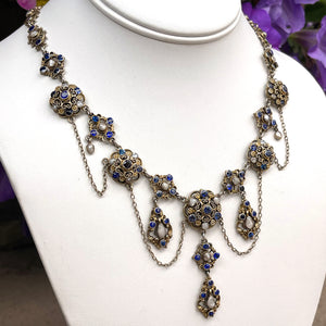 Antique Austro-Hungarian Necklace Blue Paste and Pearl Silver Gilt
