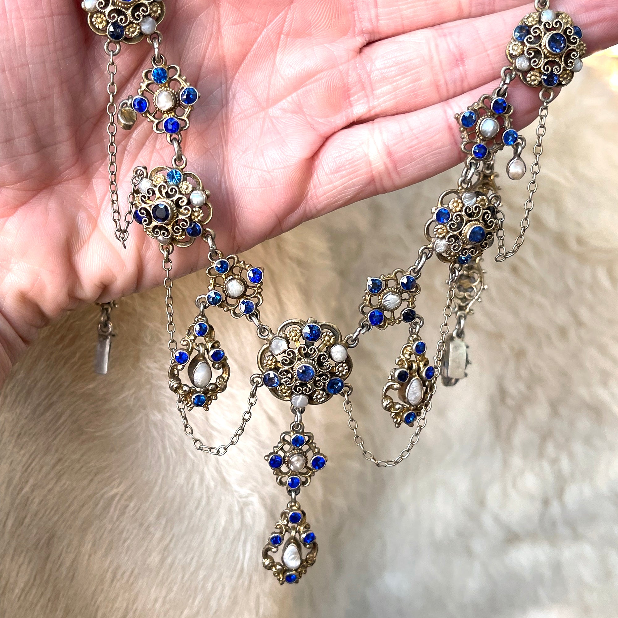 Antique Austro-Hungarian Necklace Blue Paste and Pearl Silver Gilt