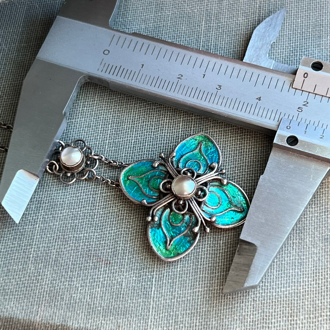 Antique Art Nouveau Drop Necklace Silver Enamel Mother-of-Pearl, Liberty & Co. c.1900