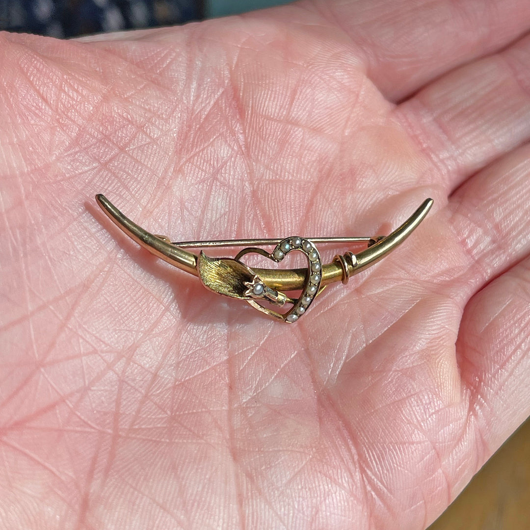 Antique Gold Pearl Crescent Brooch Pin, Heart, and Lily