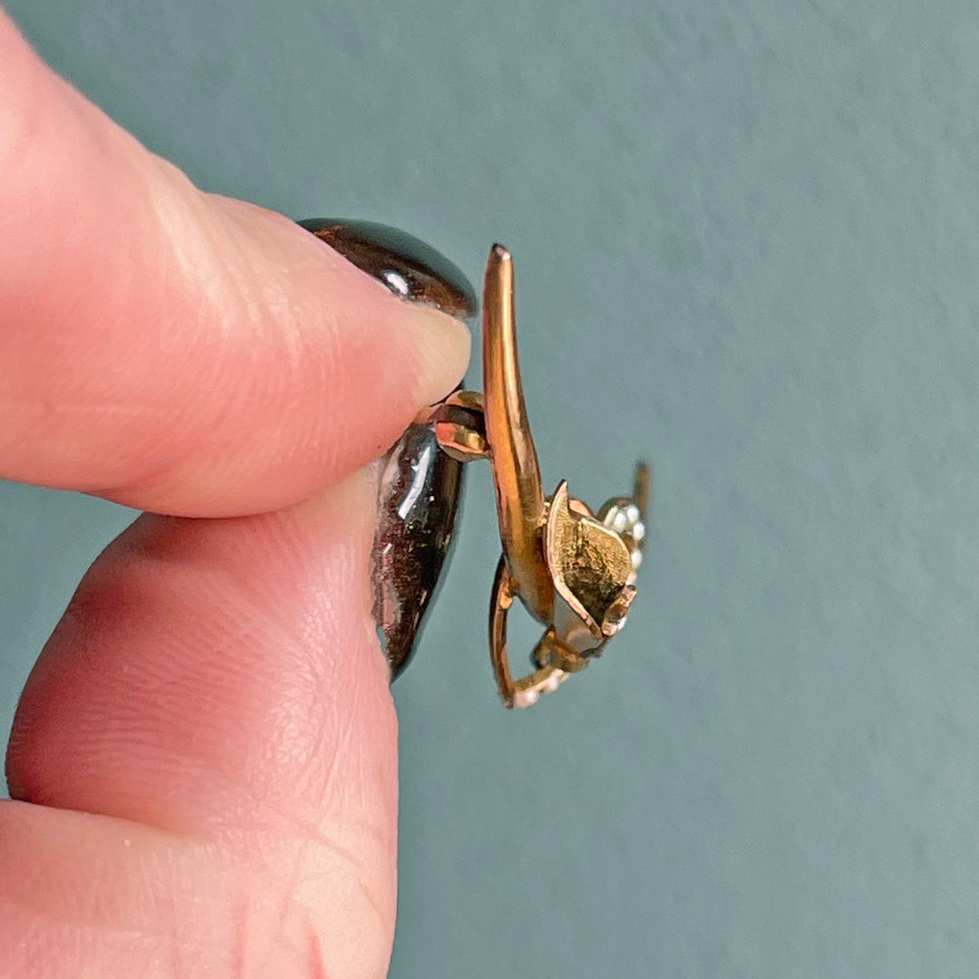 Antique Gold Pearl Crescent Brooch Pin, Heart, and Lily