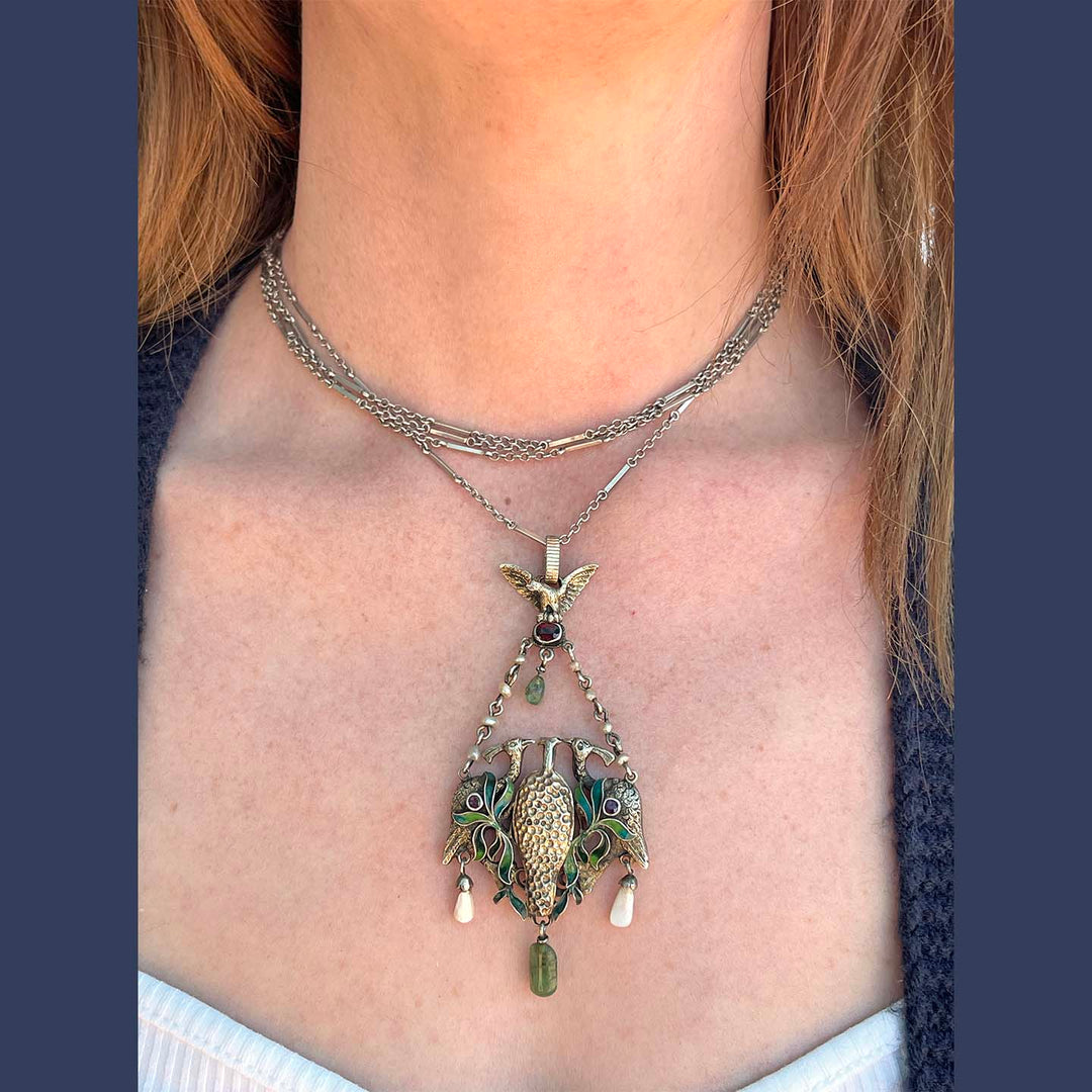 Vibrant Austro Hungarian Enameled Peacock with Rubies, Emeralds and Pearl