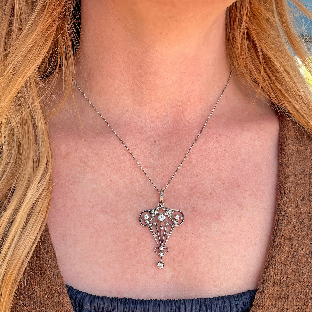 Edwardian Art Nouveau Diamond Pendant in 18K Gold and Silver