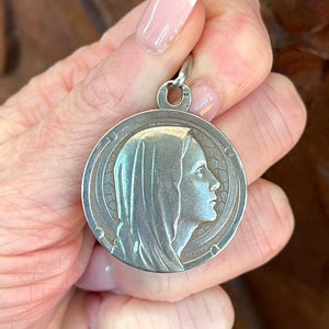 Antique French Silver Virgin Mary Medallion Pendant
