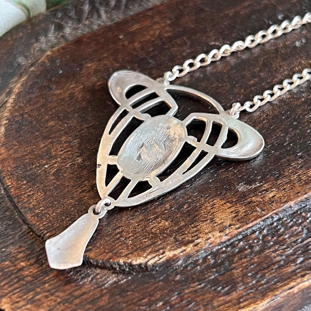 Vintage Art Nouveau Green Enamel Pendant on Chain Silver Necklace