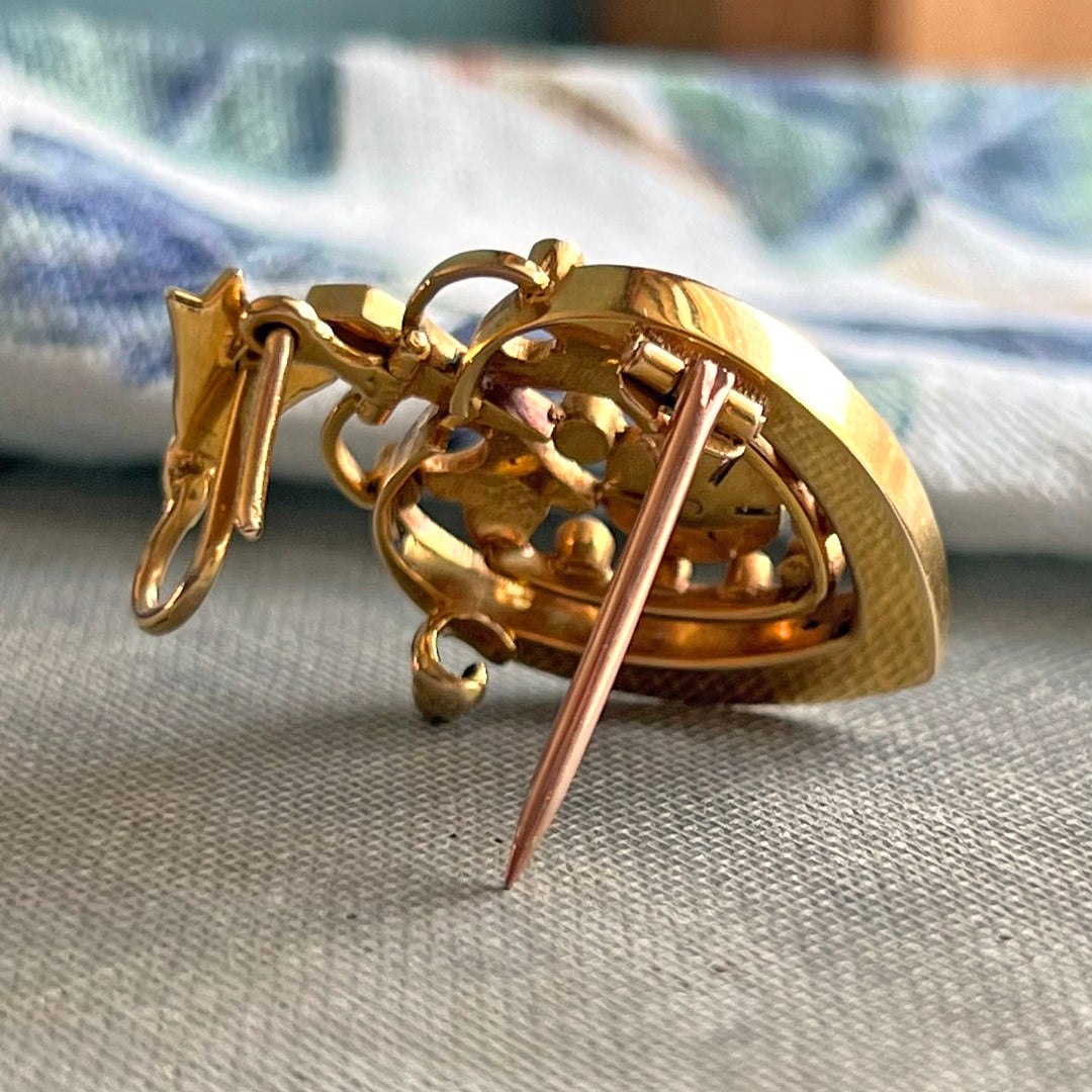 Stunning Victorian Enameled Heart Rose Pendant Brooch Pin