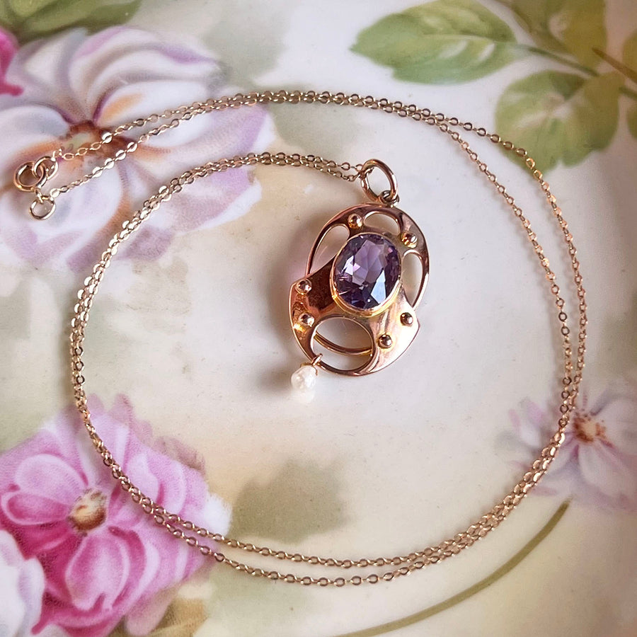 Edwardian Gold Amethyst Pearl Pendant with Chain c.1900