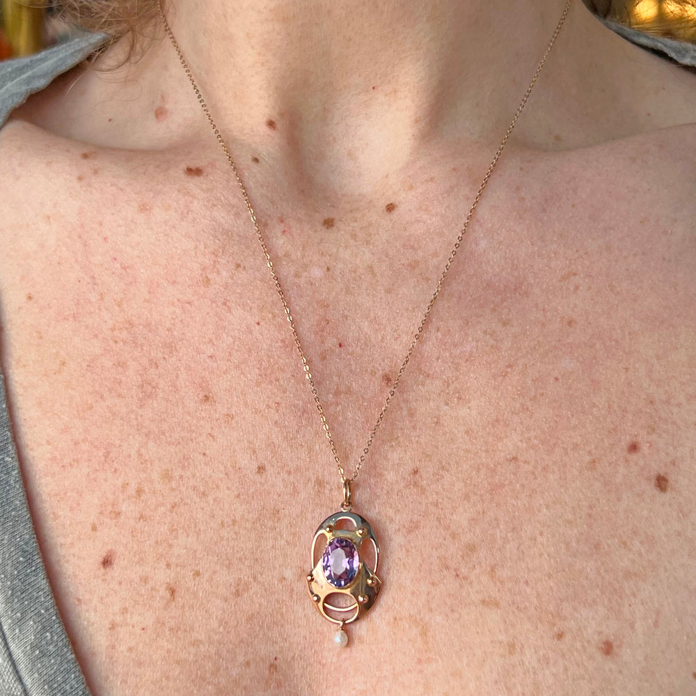 Edwardian Gold Amethyst Pearl Pendant with Chain c.1900