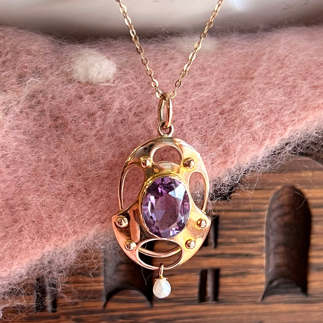 Edwardian Gold Amethyst Pearl Pendant with Chain c.1900