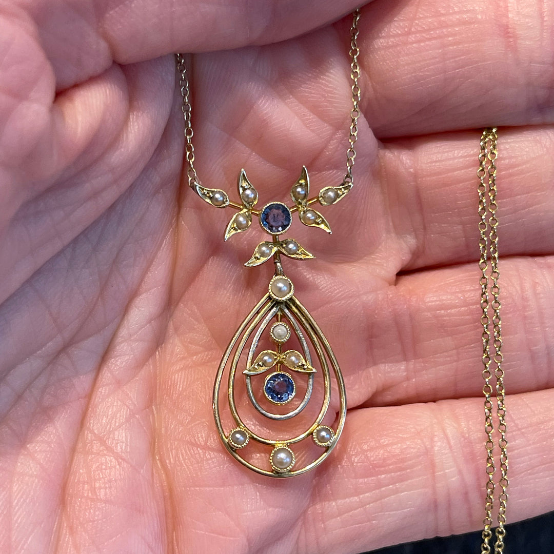 Edwardian 15k Gold Sapphire and Pearl Necklace c. 1910