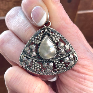 Antique Silver Mother of Pearl Pendant Grapes & Vines Motif