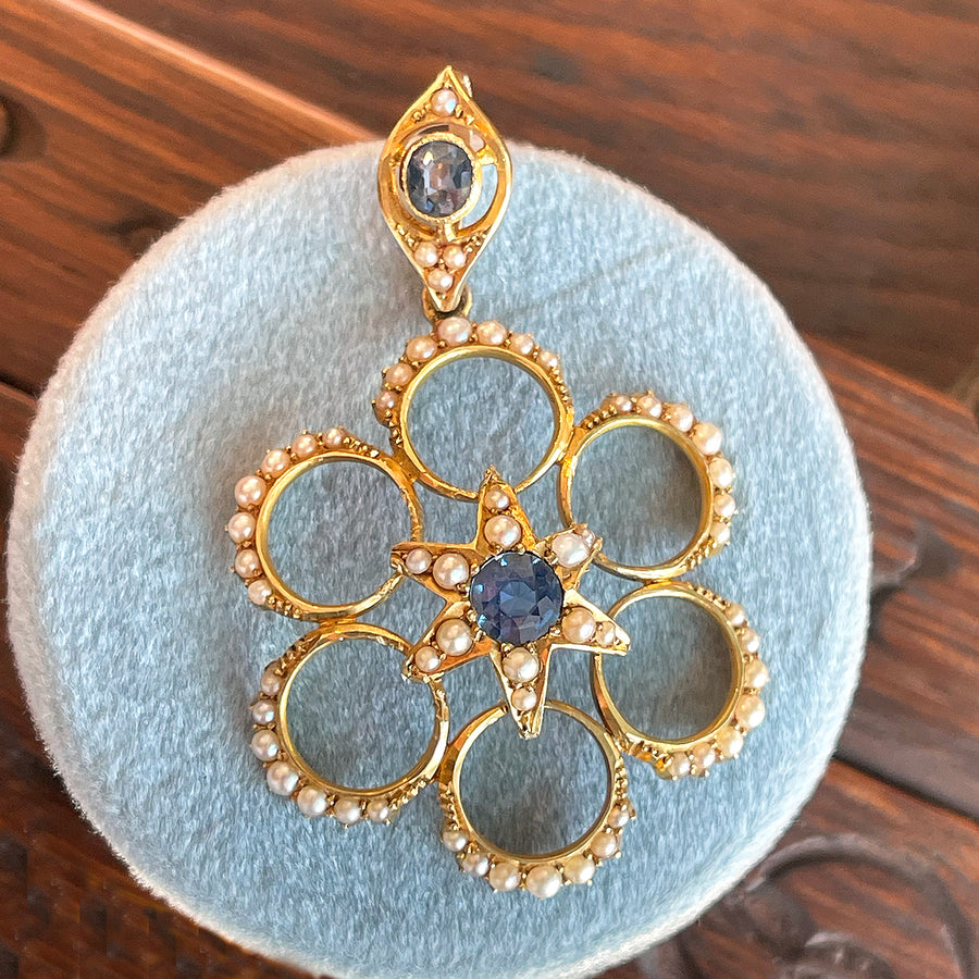 Edwardian Sapphire and Pearl Pendant in 15k Gold