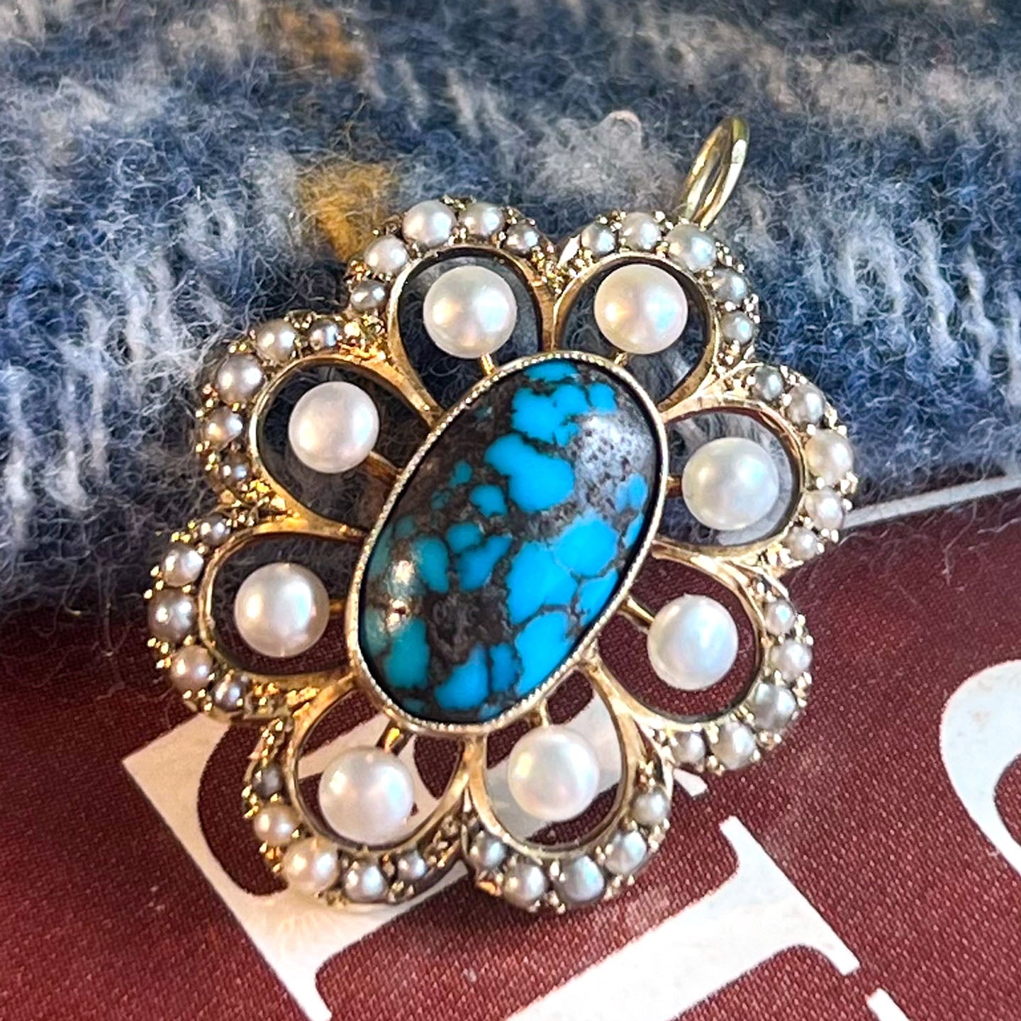 Antique Turquoise Pearls Pendant 15k Gold Floral-Shaped