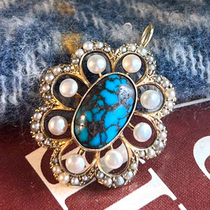 Antique Turquoise Pearls Pendant 15k Gold Floral-Shaped