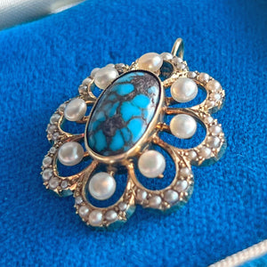 Antique Turquoise Pearls Pendant 15k Gold Floral-Shaped