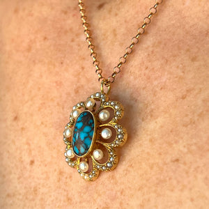 Antique Turquoise Pearls Pendant 15k Gold Floral-Shaped