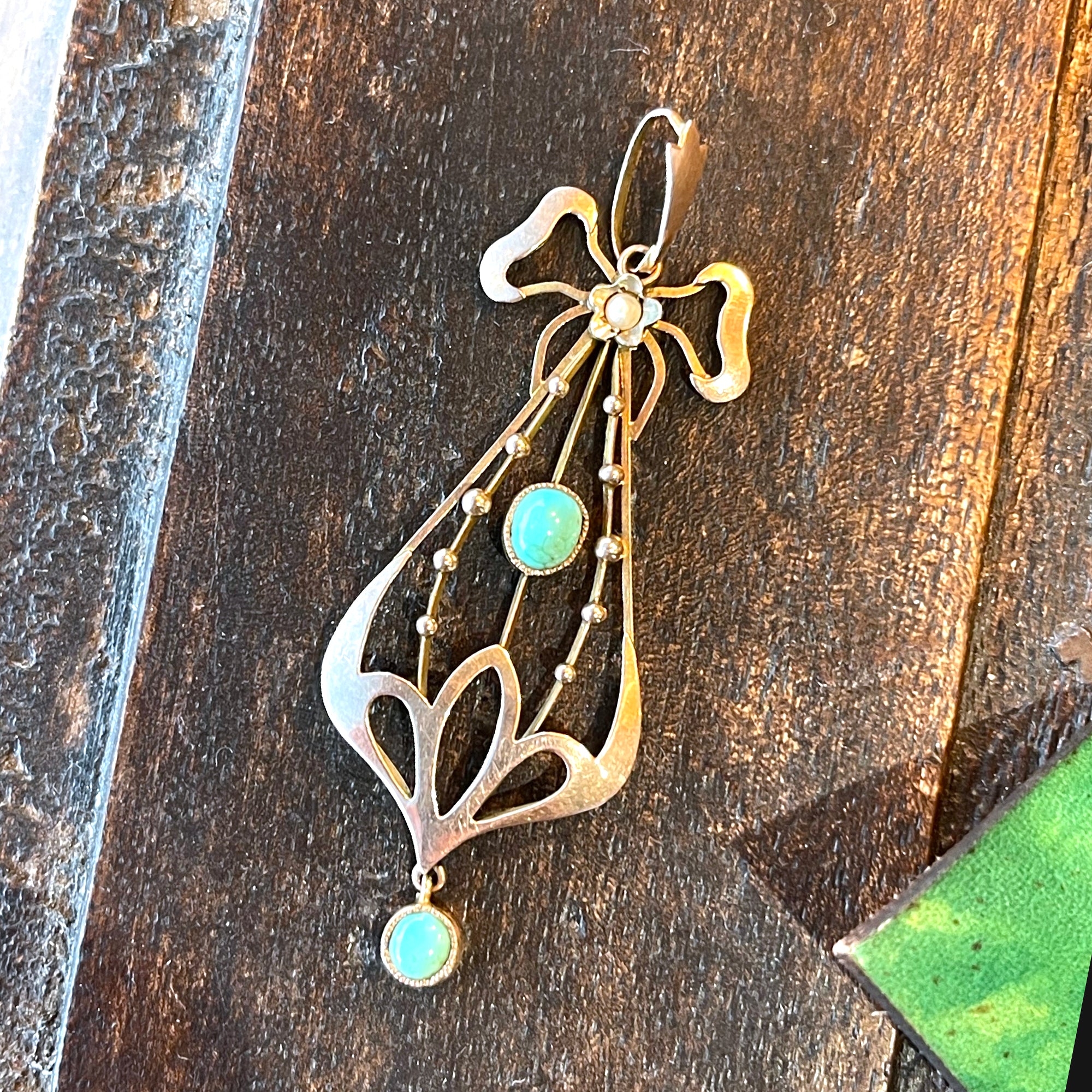 Edwardian Turquoise Pearl Drop Pendant Gold