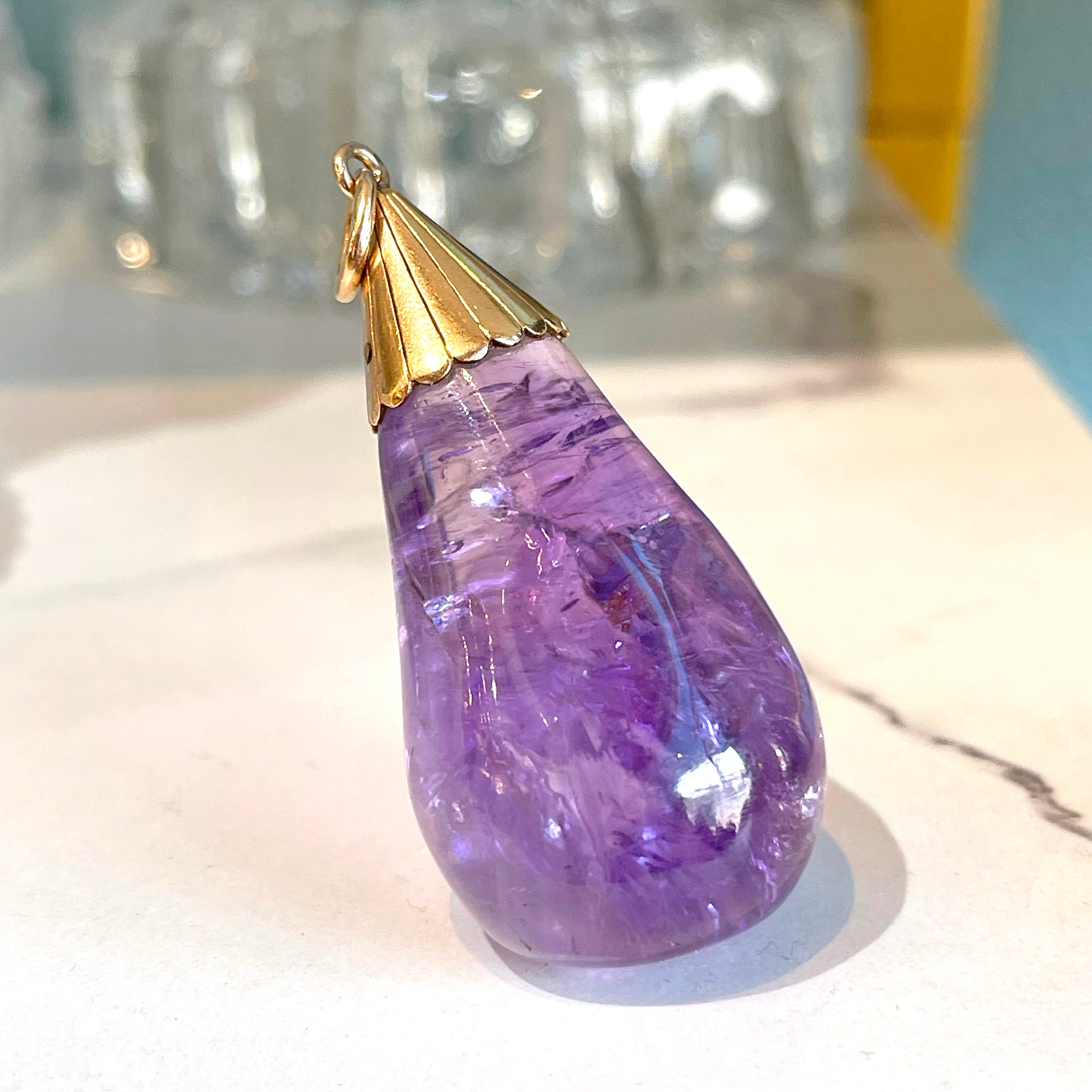 Antique Pendant Carved Amethyst Pear with 15k Gold Mounting