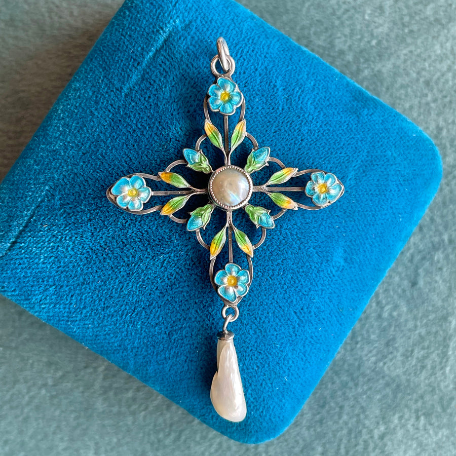 Antique English Silver Enamel Pendant with Pearl Drop, Arts & Crafts Era, Circa 1910