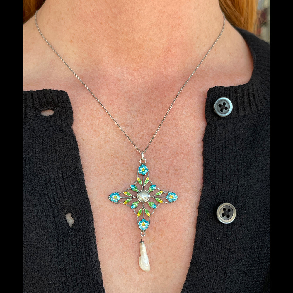 Antique English Silver Enamel Pendant with Pearl Drop, Arts & Crafts Era, Circa 1910