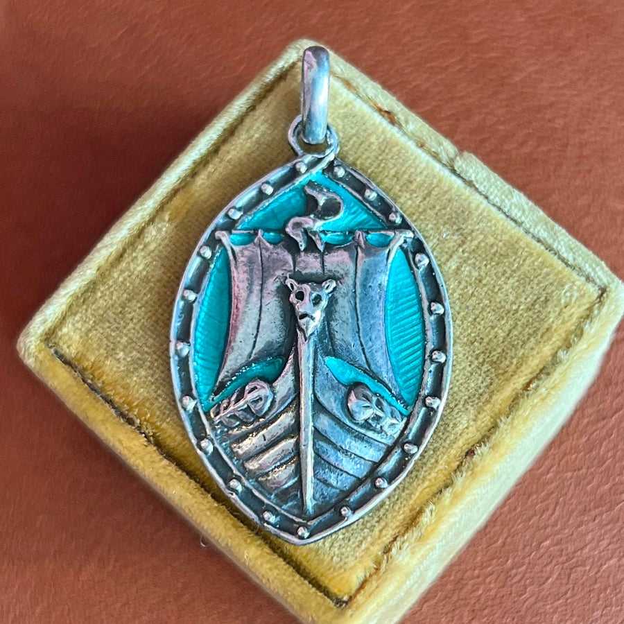 Antique Alexander Ritchie Silver Enamel Viking Ship Pendant c. 1910