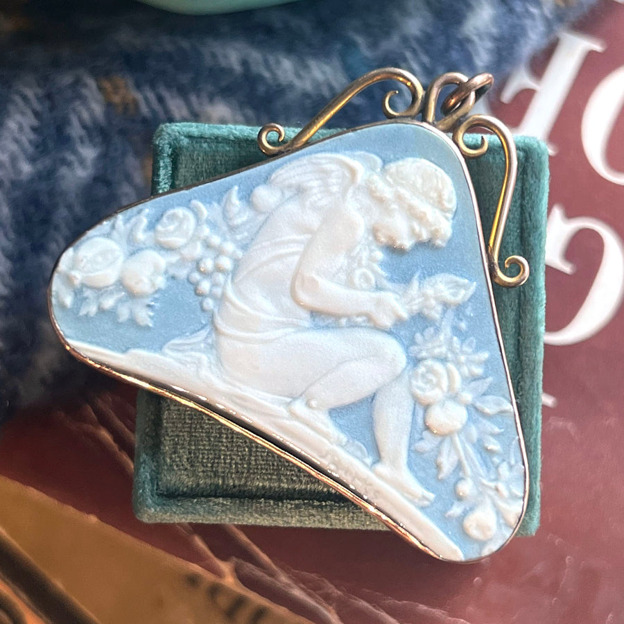 Antique Blue Ceramic Carved Pendant 9 karat Gold