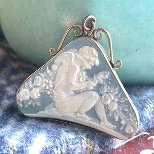 Antique Blue Ceramic Carved Pendant 9 karat Gold