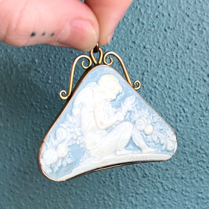 Antique Blue Ceramic Carved Pendant 9 karat Gold