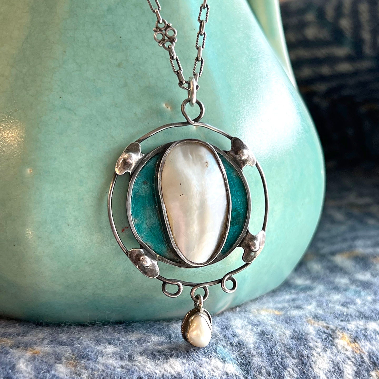 Antique Art Nouveau Silver Enamel Mother of Pearl Necklace