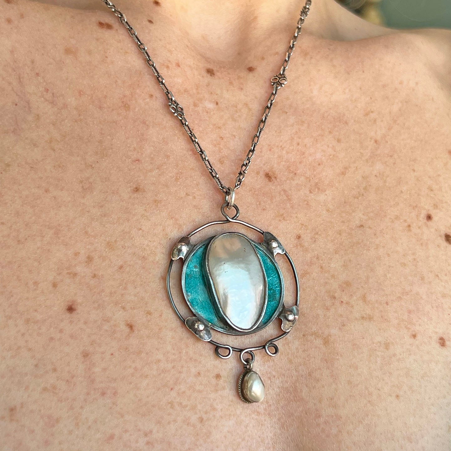 Antique Art Nouveau Silver Enamel Mother of Pearl Necklace