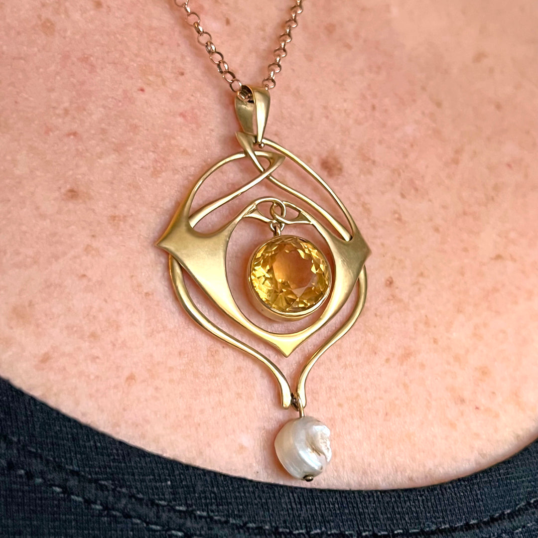 Art Nouveau Pendant by Archibald Knox 15k Gold Citrine Pearl, c.1900