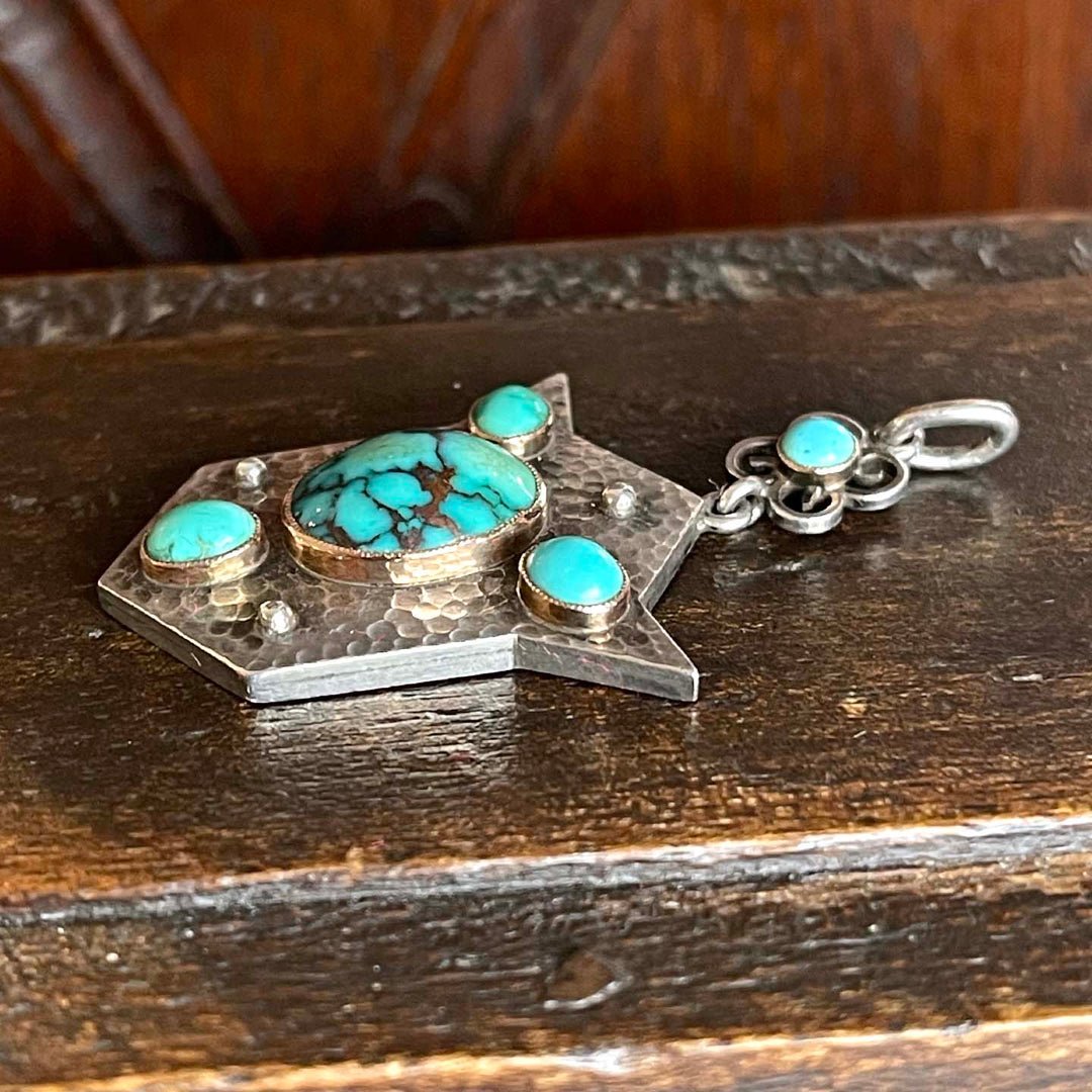 Arts & Crafts Silver Hammered Turquoise Drop Shield Pendant