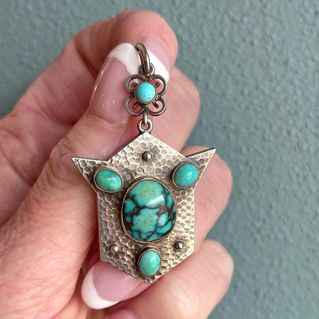 Arts & Crafts Silver Hammered Turquoise Drop Shield Pendant