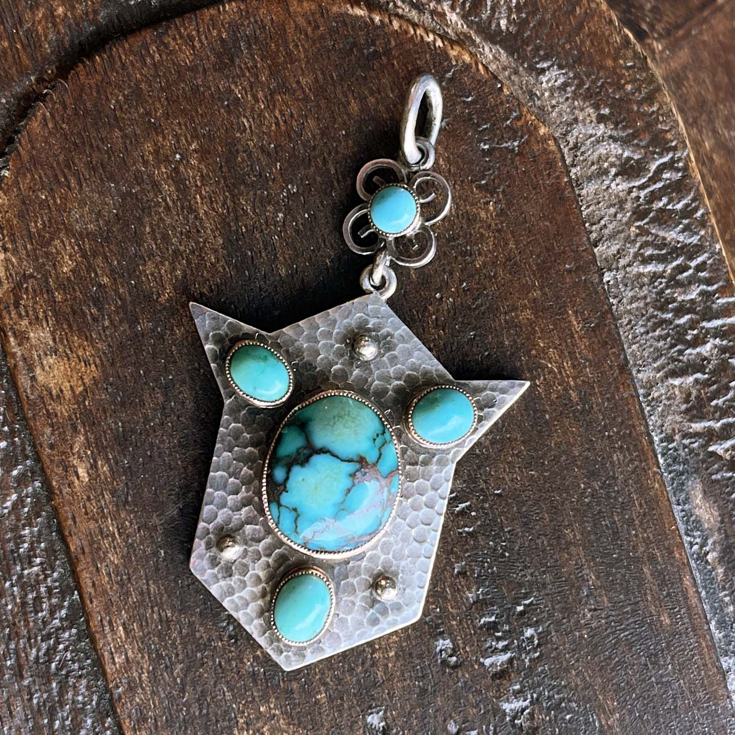 Arts & Crafts Silver Hammered Turquoise Drop Shield Pendant