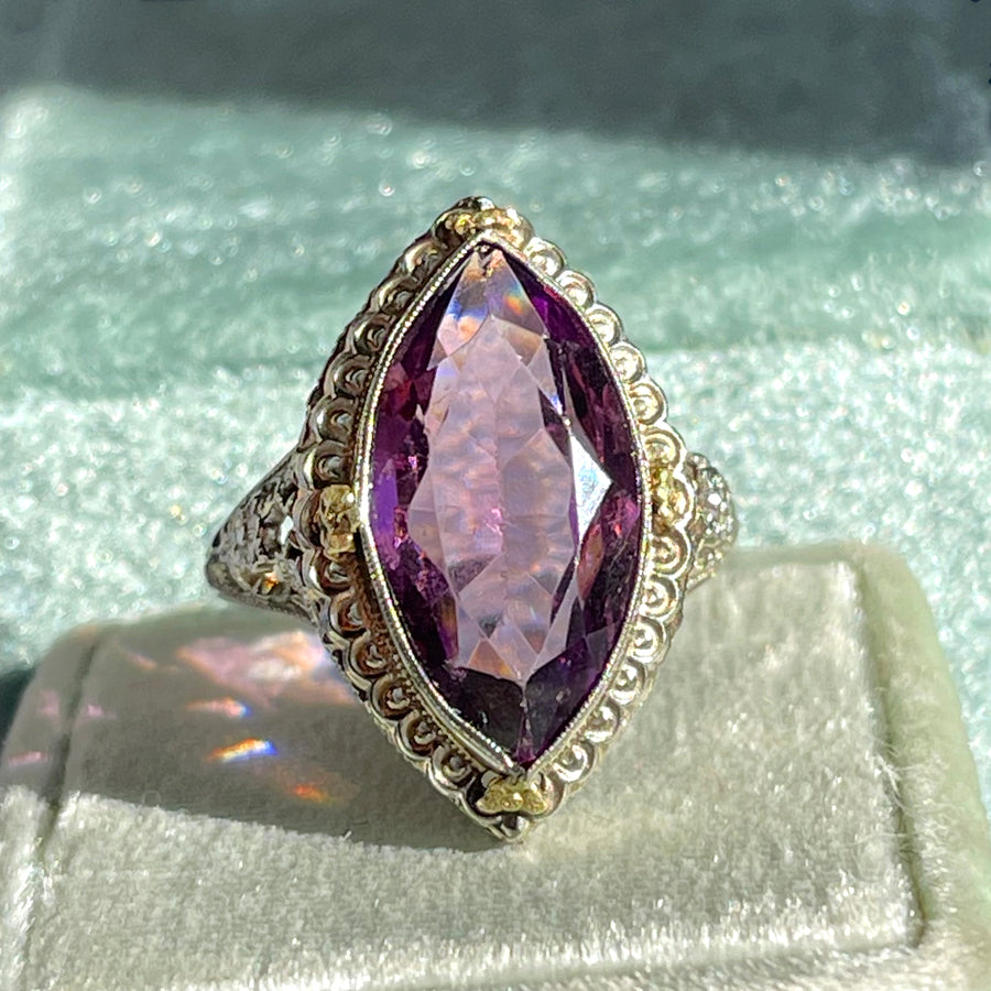 Antique 18K Gold Filigree Marquise Amethyst Ring