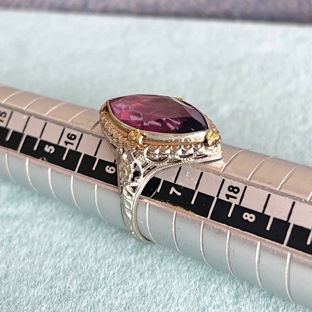 Antique 18K Gold Filigree Marquise Amethyst Ring