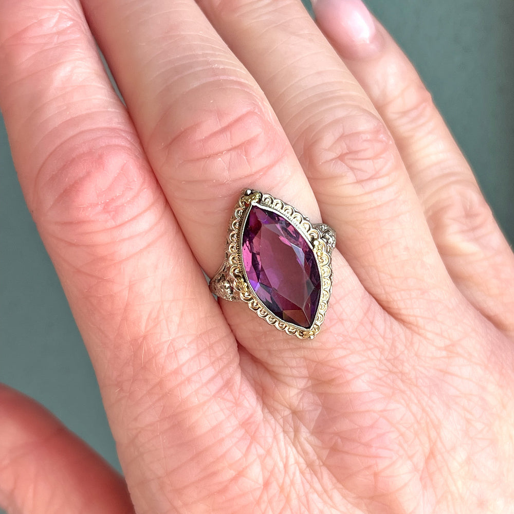 Antique 18K Gold Filigree Marquise Amethyst Ring
