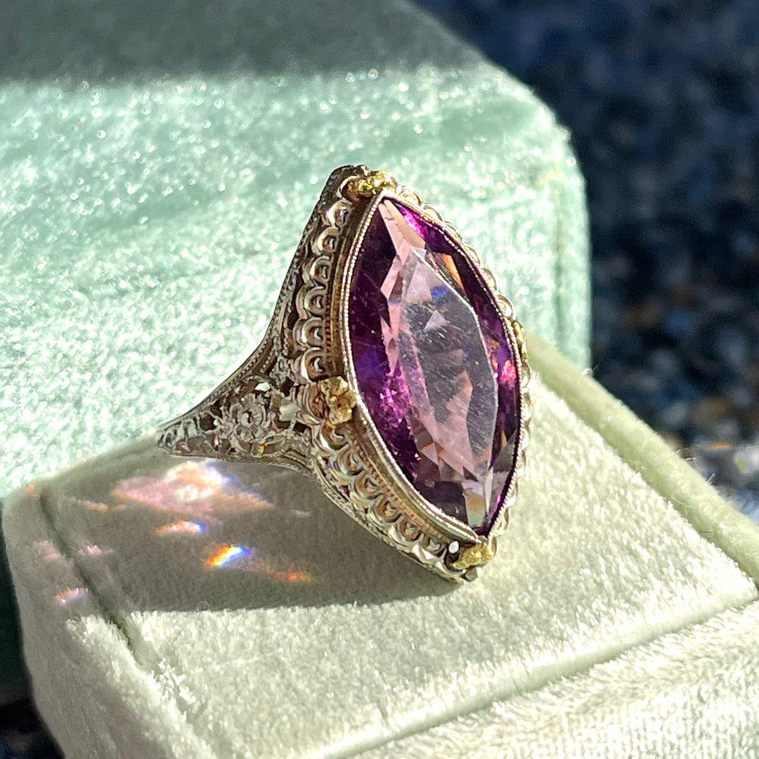 Antique 18K Gold Filigree Marquise Amethyst Ring