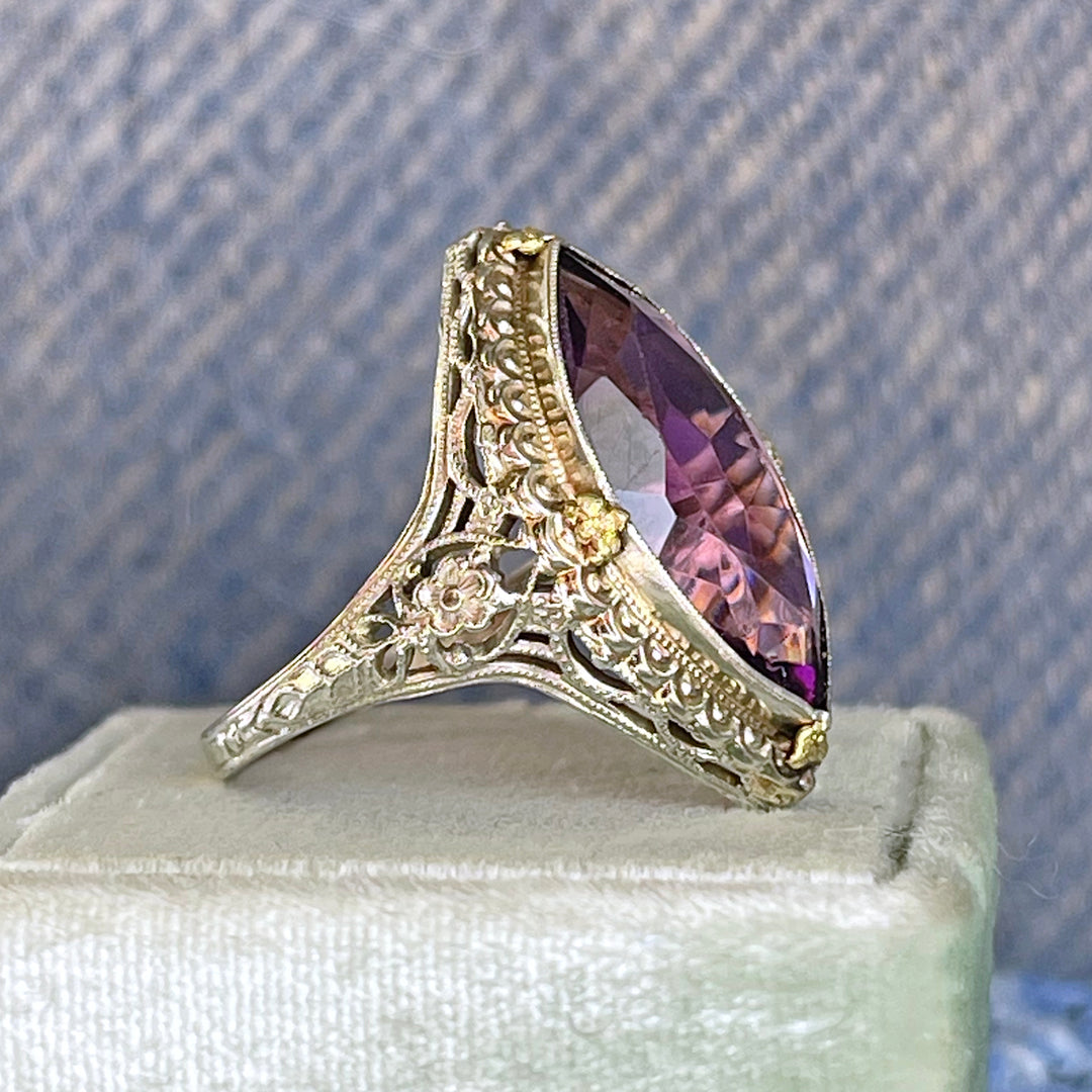 Antique 18K Gold Filigree Marquise Amethyst Ring