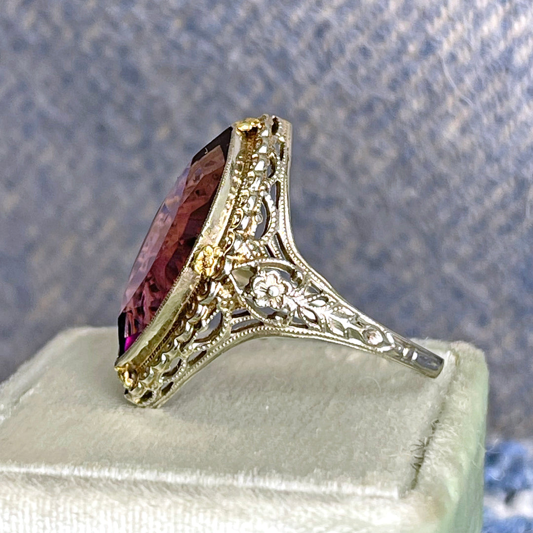 Antique 18K Gold Filigree Marquise Amethyst Ring